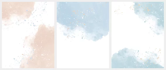 Fototapeten Set mit 3 zarten Vektorlayouts im abstrakten Aquarellstil. Hellbeige und blaue Farbflecken auf weißem Hintergrund. Pastellfarbflecken und Splatter-Druckset. © Magdalena