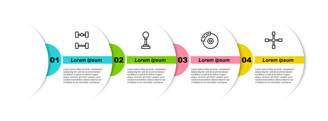 Set line Chassis car, Gear shifter, Car brake disk with caliper and Wheel wrench. Business infographic template. Vector