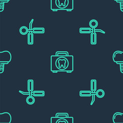 Set line First aid kit, Dental inspection mirror and implant on seamless pattern. Vector
