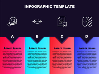 Set line Tooth, Smiling lips, Dental card and Painkiller tablet. Business infographic template. Vector
