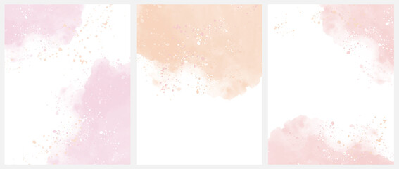 Set of 3 Delicate Abstract Watercolor Style Vector Layouts. Light Pink, Light Red and Blush Paint Stains on a White Background. Pastel Color Stains and Splatter Print Set. - 430004244