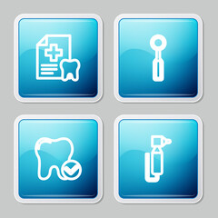 Set line Dental card, inspection mirror, Tooth whitening concept and drill icon. Vector