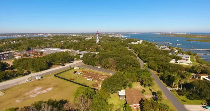 St. Augustine Lighthouse aerial view. This light is a National Historic Landmark on Anastasia Island in St. Augustine, Florida FL, USA.