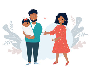 Fototapeta na wymiar Family life concept. A happy black husband holds a smiling newborn daughter in his arms. A lovely woman-wife stands next to him. Vector illustration. Happy Ethnic Family with Little girl, Family Day