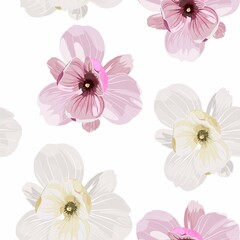 Seamless floral pattern with pink white tropical magnolia flowers on white background. Template design for textiles, interior, clothes, wallpaper. Botanical art. Engraving style. © Виктор Фесюк