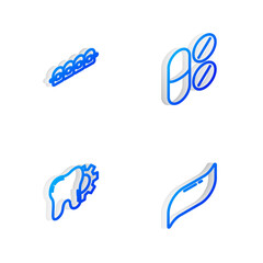 Set Isometric line Painkiller tablet, Teeth with braces, Tooth treatment procedure and Toothpaste icon. Vector