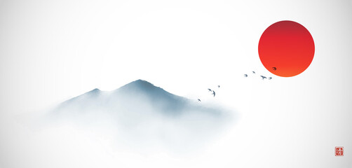 Far misty mountains and red sun hand drawn with ink in simple and clean minimalist style. Traditional oriental ink painting sumi-e, u-sin, go-hua. Hieroglyph - clarity. © elinacious