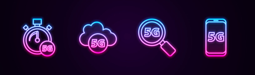 Set line Digital speed meter 5G, Cloud network, Search and Mobile with. Glowing neon icon. Vector