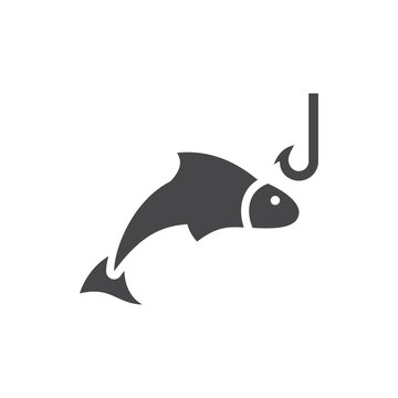 Fish and hook black vector icon. Fishing glyph symbol.