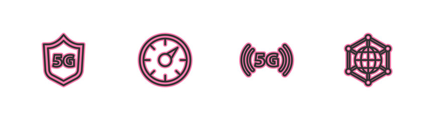 Fototapeta na wymiar Set line Protective shield 5G, network, Digital speed meter and Social icon. Vector