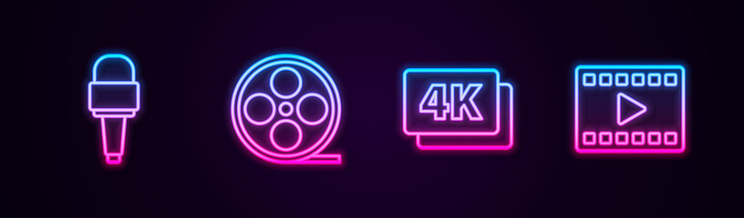 Set line Microphone, Film reel, 4k Ultra HD and Play Video. Glowing neon icon. Vector
