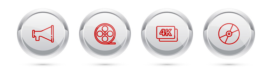Set line Megaphone, Film reel, 4k Ultra HD and CD or DVD disk. Silver circle button. Vector