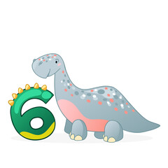 Cute dinosaur cartoon numbers. Number six. Vector elements for designing kids birthday or dino party invitation, greeting card, sticker, banner, logo, icon, poster.