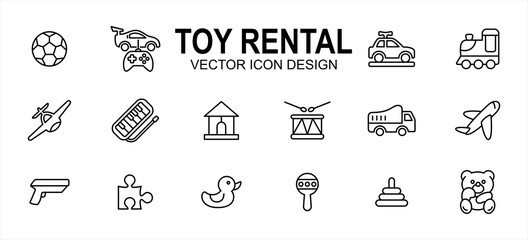 Simple Set of toy rental service Related Vector icon user interface graphic design. Contains such Icons as ball, remote control car, buggy, aeroplane, helicopter, gun, puzzle, duck, truck, drum