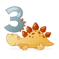 Cute dinosaur cartoon numbers. Number three. Vector elements for designing kids birthday or dino party invitation, greeting card, sticker, banner, logo, icon, poster.