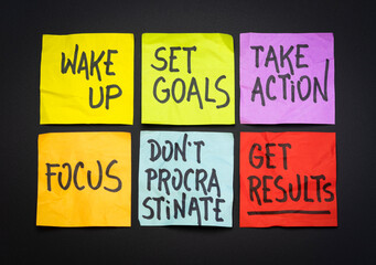 wake up, set goals, take action, focus, do not procrastinate, get results - a set of motivational reminder notes, business or personal development concept - obrazy, fototapety, plakaty