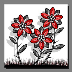 Stylized red flowers. Flowering plants growing from the ground. Vector illustration.