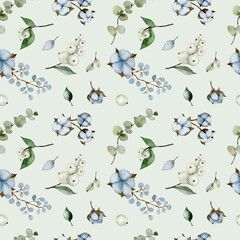 Watercolor eucalyptus branches and cotton flowers seamless pattern. Hand painted floral texture with plant objects on white background. Natural wallpaper - 430006645