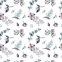 Watercolor eucalyptus branches and cotton flowers seamless pattern. Hand painted floral texture with plant objects on white background. Natural wallpaper - 430006822
