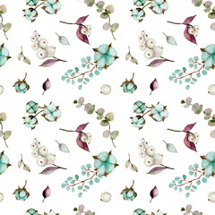 Watercolor eucalyptus branches and cotton flowers seamless pattern. Hand painted floral texture with plant objects on white background. Natural wallpaper - 430006884