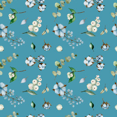 Watercolor eucalyptus branches and cotton flowers seamless pattern. Hand painted floral texture with plant objects on white background. Natural wallpaper - 430007094
