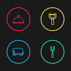 Set line Toaster, Barbecue fork, Peeler and Covered with tray icon. Vector