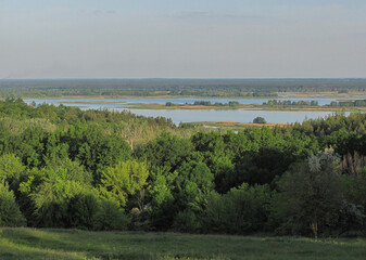 landscape: green trees and a river far away