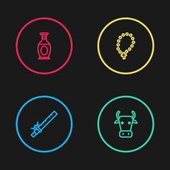 Set line Bamboo flute indian, Cow, Rosary beads religion and Indian vase icon. Vector