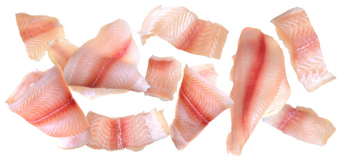 Pangasius fish fillet, pieces on a green lettuce leaf. Isolated on a white background. Fresh Fish Fillet.