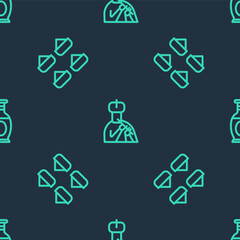 Set line Indian man plays flute, spice and vase on seamless pattern. Vector