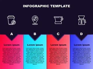 Set line Coffee cup to go, Location with coffee bean, V60 maker and Pour over. Business infographic template. Vector