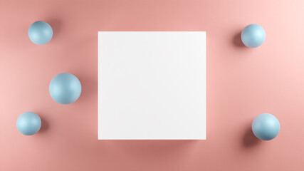 3D Illustration of spheres and a cube with space for the text.