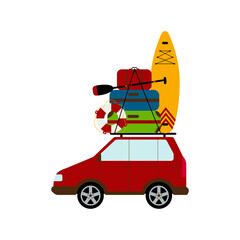 Travelling by car. Necessary things for travel. Suitcases, lifebuoy and SUP on the trunk of the car. Family hobby. Flat style Vector Illustration isolated on white Background.