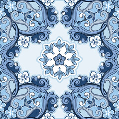 Seamless ornamental background. Blue colored ethnic pattern. Vector illustration