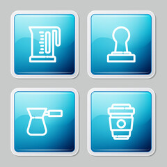 Set line Electric kettle, Coffee tamper, turk and cup to go icon. Vector