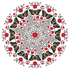 Butterflies and Red Floral Vines Mandala