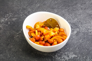 Marinated pickled honey mushrooms in the bowl