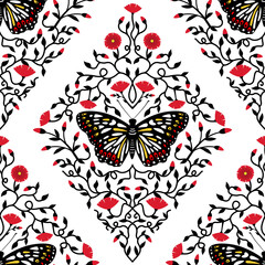 Obraz na płótnie Canvas Butterflies and Red Flower Vines Seamless Pattern