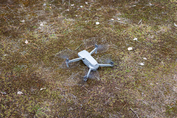Flying drone in the forest. Flying for video and photo productions.