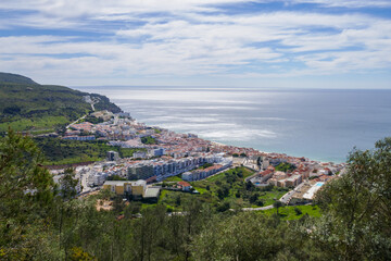Portugal touristic town Sesimbra seen from the castle above. Aerial view