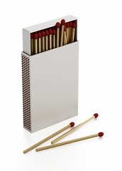 Matches inside open matchbox isolated on white background. 3D illustration