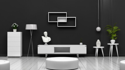 Modern living room interior design including white furniture and a black wall as a background.