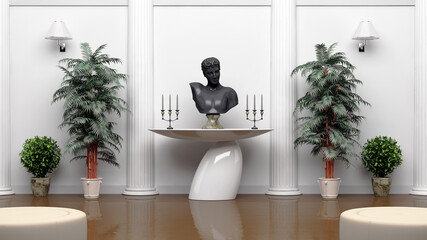 Modern roman style living room interior design with black sculpture in the center attraction.