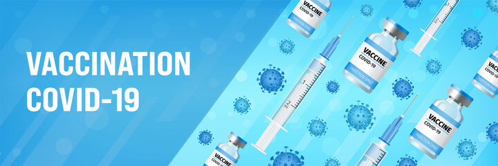 Coronavirus vaccine medical concept with glass bottles, syringe, COVID-19 disease molecules. Medical tools for covid19 immunization treatment. Realistic vector Illustration