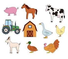 Farm animals, barn and tractor.
