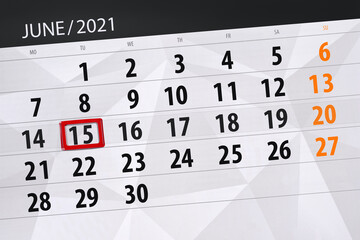 Obraz premium Calendar planner for the month june 2021, deadline day, 15, tuesday