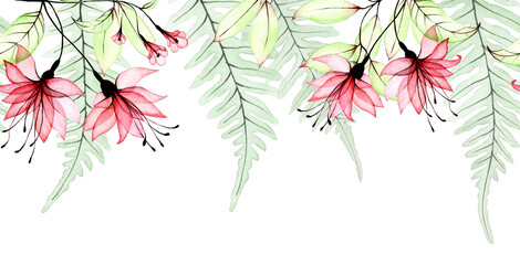 seamless border with watercolor transparent tropical flowers and fern leaves. pink flowers and green leaves isolated on white background. border, frame, web banner