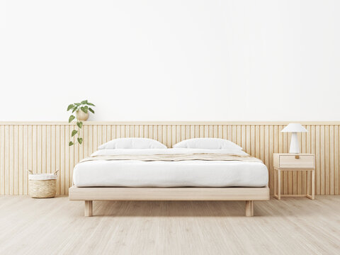 Bedroom interior wall mockup in warm neutrals with wooden bed, slat headboard, wicker basket and  trailing green plant. Japandi style decor on empty white background. 3D rendering, illustration.