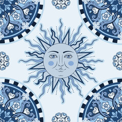Ethnic round ornamental mandala, sun with human face symbol on checkered pattern. Vector illustration - 430010617