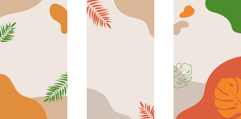 Social media stories and post background template with copy space for text. Abstract colored shapes, line art, leaves, warm and bright summer colors.